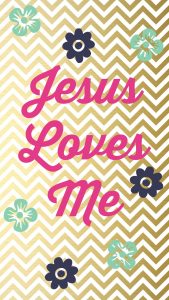 Free iPhone wallpaper download with pink text reading Jesus Loves Me against a gold chevron background.