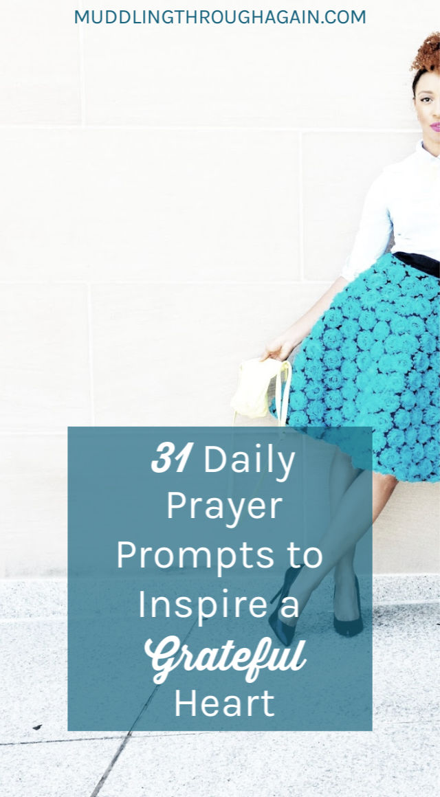 Woman in blue skirt, text overlay reads: "31 Daily Prayer Prompts to Inspire a Grateful Heart"