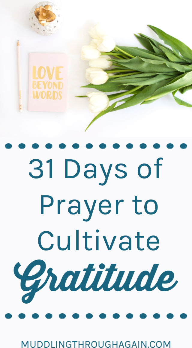 White tulips, pink notebook, text overlay reads: "31 Days of Prayer to Cultivate Gratitude"