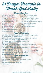 Flowers and cereal with a detailed text overlay listing out 31 prayer prompts to thank God Daily