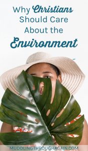 Woman wearing a hat and holding a large leaf. Text overlay reads: Why Christians Should Care About the Environment