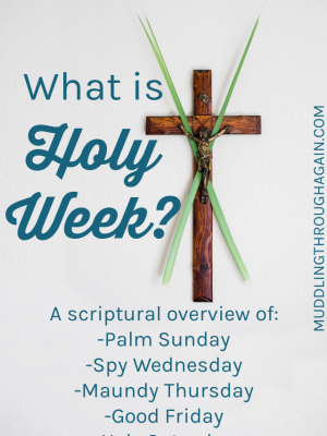 Image of crucifix adorned with palm leaves. Text overlay reads: What is Holy Week? A scriptural overview of: Palm Sunday, Spy Wednesday, Maundy Thursday, Good Friday, Holy Saturday