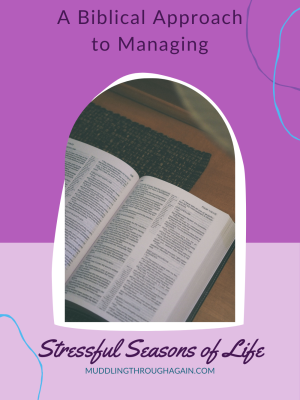Image of an open Bible. Text overlay reads: "A Biblical Approach to Managing Stressful Seasons of Life"