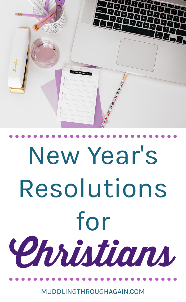 Image of a desk with laptop, purple office supplies, and a daily planner. Text overlay reads: "New Year's Resolutions for Christians"