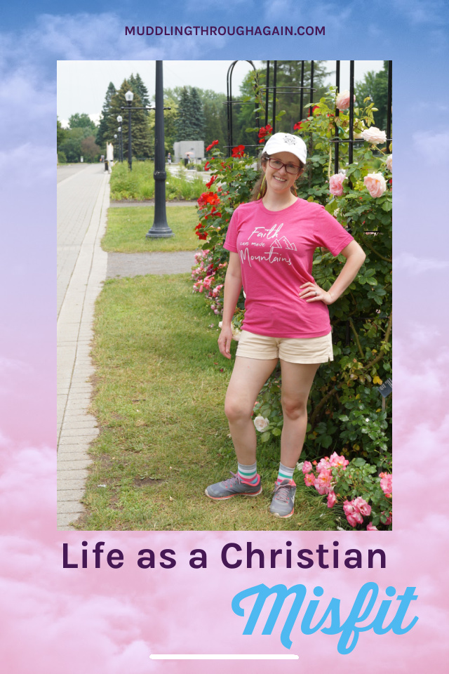 Image of white woman in a pink shirt, standing by roses. Text overlay reads: "Life as a Christian Misfit"