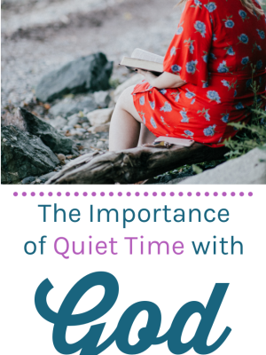Image of white woman sitting on a log, reading a Bible. Text overlay reads: "The Importance of Quiet Time with God"