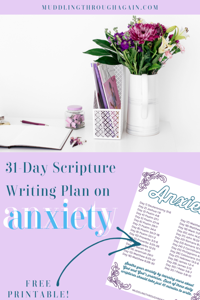Text overlay reads: "31-Day Scripture Writing Plan on anxiety" Preview of printable scripture writing plan.